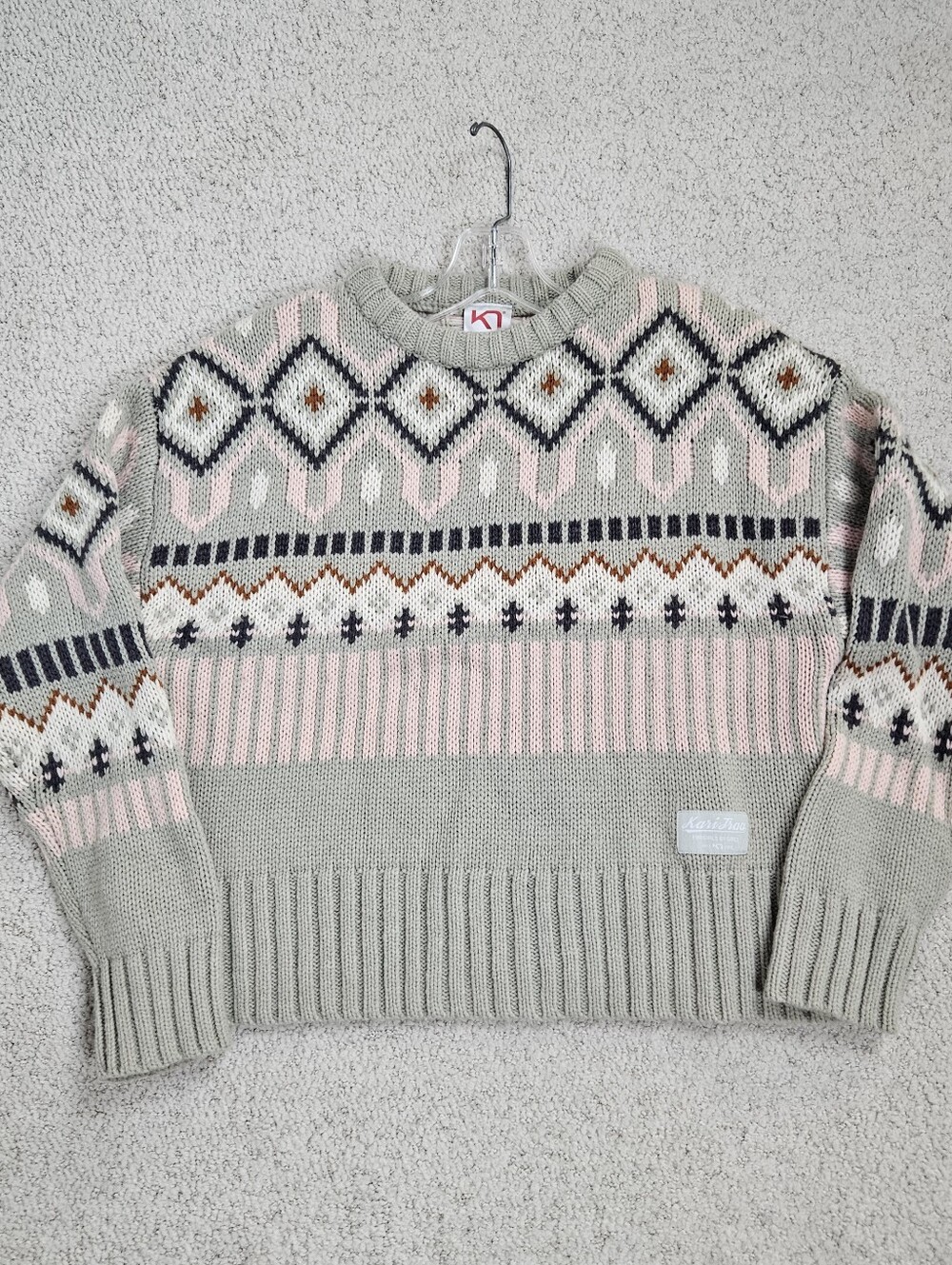 Kari Traa Molster Knit Sweater Women Small Green Pink Wool Blend Ski Pullover